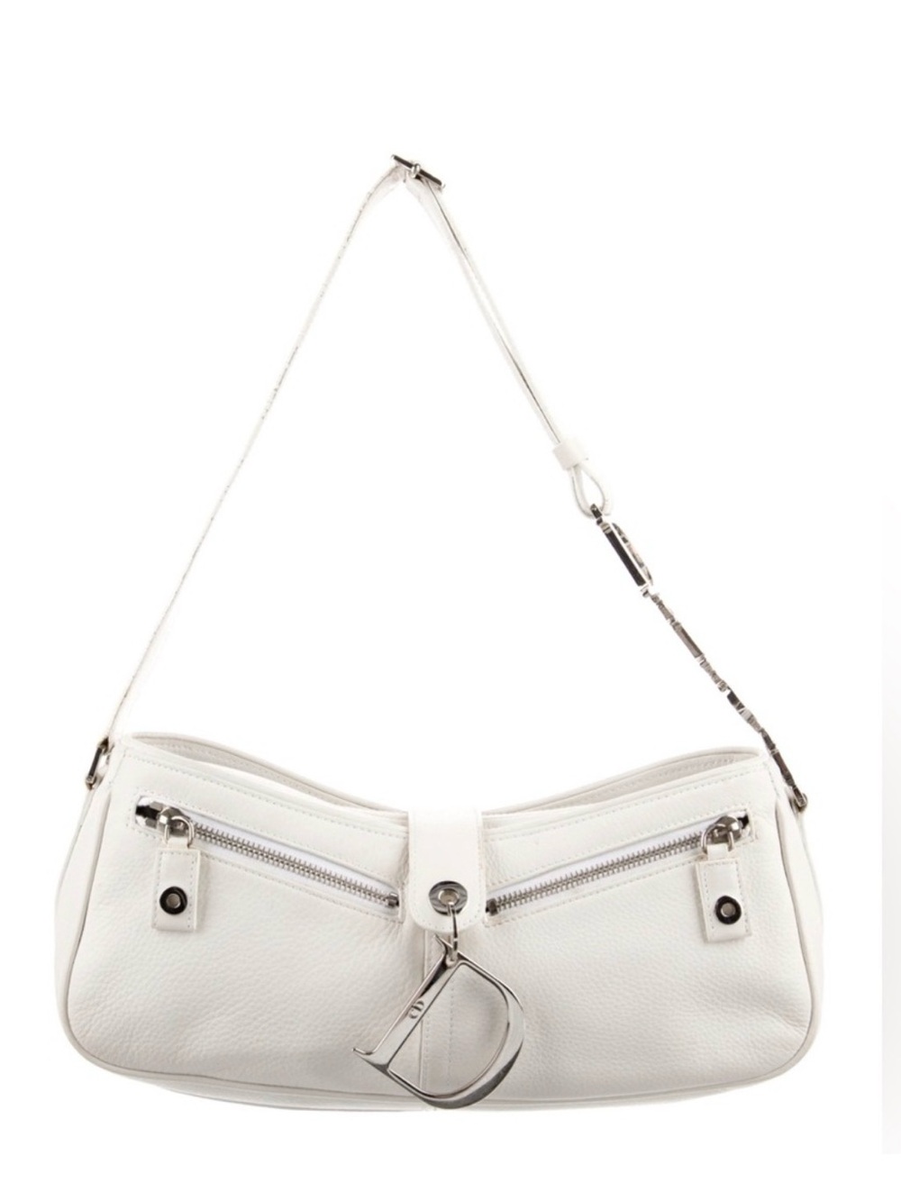 Auth Rare Dior Spell out Charms Shoulder Bag white leather metal logo accent Y2K